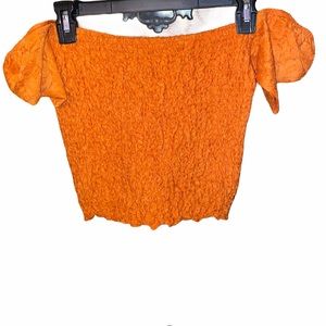 Express Short Sleeve Smocked Baby Doll Crop Top